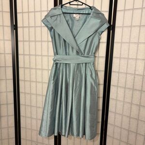 pale pastel blue green belted dress with unique 50 style wide v neck collar
